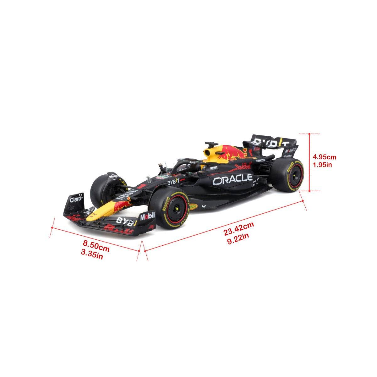 Bburago 1:24 F1 Car Model Red Bull Racing RB19 #1 Max Verstappen with dimensions labeled, showing scale and proportions.