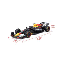 Bburago 1:24 F1 Car Model Red Bull Racing RB19 #1 Max Verstappen with dimensions labeled, showing scale and proportions.