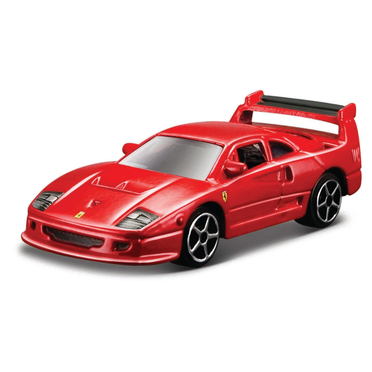 Bburago 1:64 Ferrari F40 alloy model car in red with black accents. A highly detailed collectible toy car for Ferrari enthusiasts and collectors.