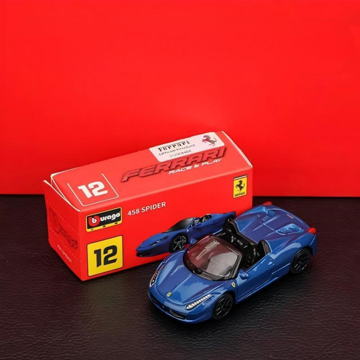 Bburago 1:64 Ferrari 458 Spider alloy model car in blue with red packaging. A highly detailed collectible toy car for Ferrari lovers and kids aged 3+.