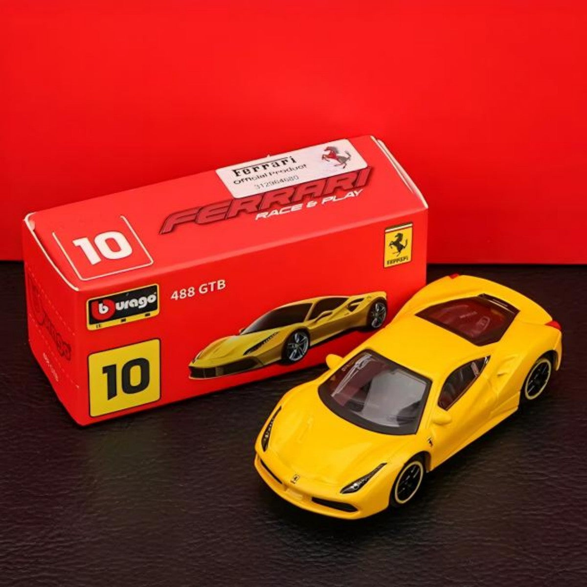 Bburago 1:64 Ferrari 488 GTB alloy model car in yellow with red packaging. A premium collectible toy car with realistic details for Ferrari enthusiasts.