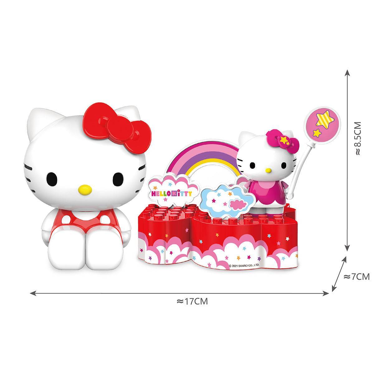 Hello Kitty Small Amusement Park Blind Box toy set with a rainbow-themed building block display, measuring approximately 17cm wide.