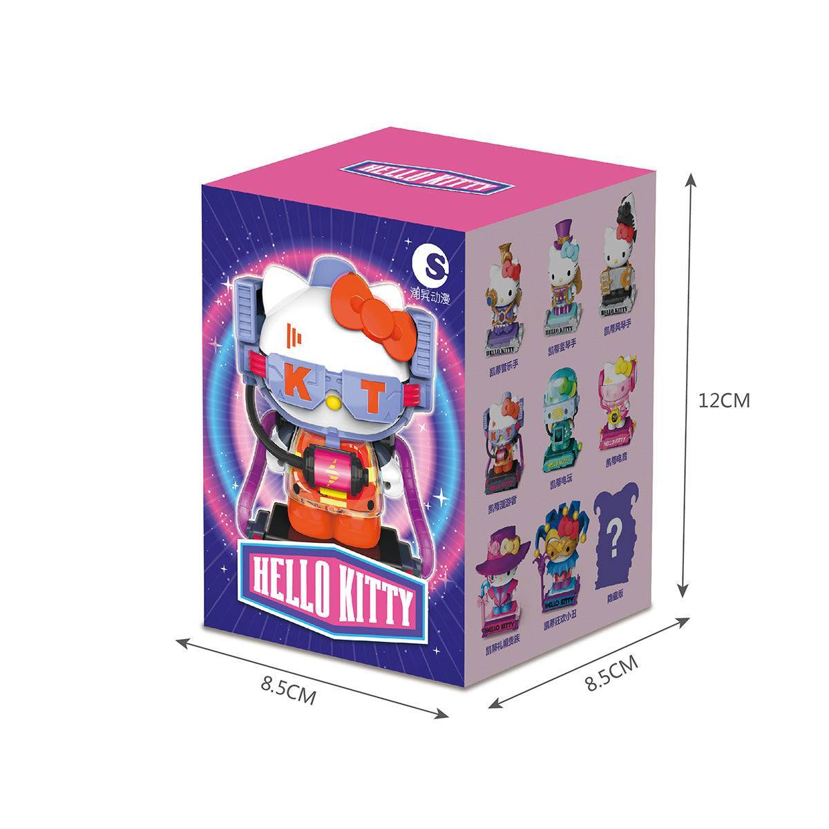 Hello Kitty Time Travel Building Blocks Blind Box packaging with dimensions. Mystery collectible toy with various Hello Kitty designs.