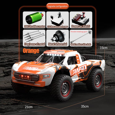 D843 4WD Off Road Brushless RC Monster Truck specifications with brushless motor, metal drivetrain, and proportional steering. Compact size with 35cm length and 21cm width.