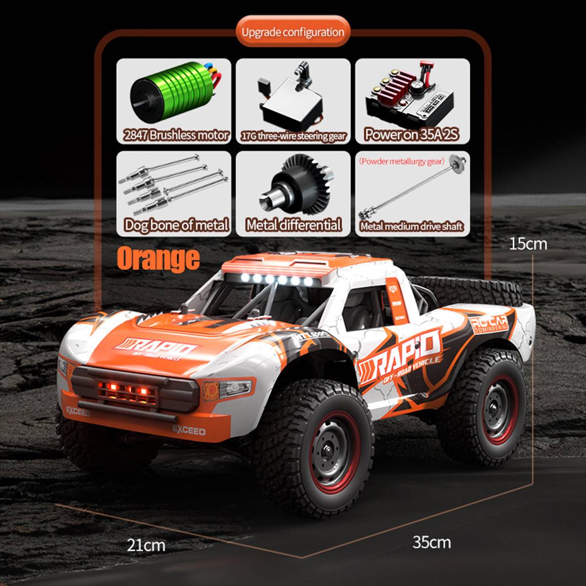 D843 4WD Off Road Brushless RC Monster Truck specifications with brushless motor, metal drivetrain, and proportional steering. Compact size with 35cm length and 21cm width.