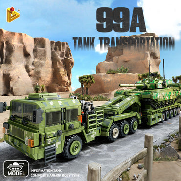 Panlos Brick 99A Tank Transportation building set displayed in a desert scene, showcasing its realistic military design and intricate details.