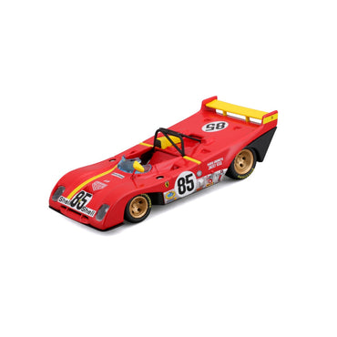 Side view of Bburago 1:43 Ferrari 312 P 1972 alloy model car featuring realistic design, gold wheels, and racing number 85 for collectors.