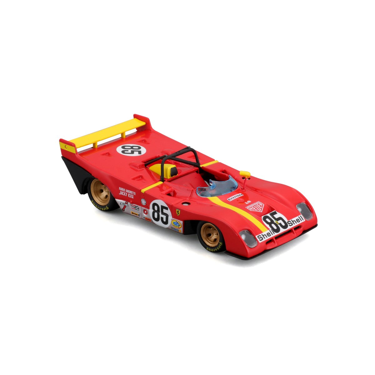 Bburago 1:43 Ferrari 312 P 1972 alloy model car with red body, yellow accents, and racing decals. A detailed die-cast collectible for Ferrari fans.