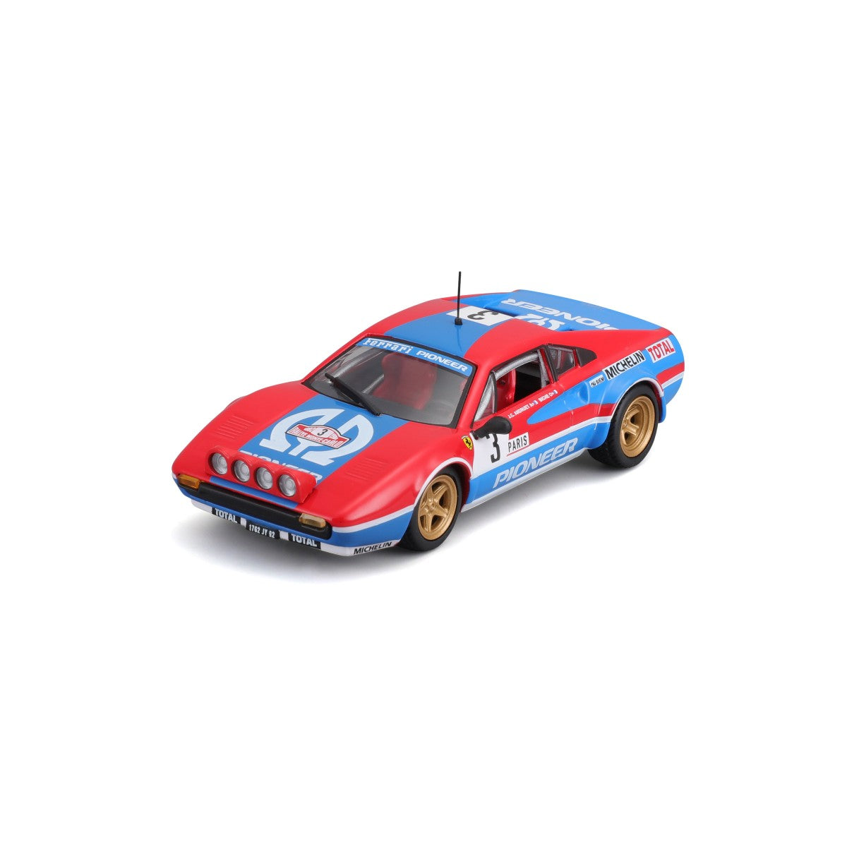 Bburago 1:43 Ferrari 308 GTB 1982 alloy model car in red and blue racing livery with Pioneer and Total branding, featuring gold wheels and rally headlights.