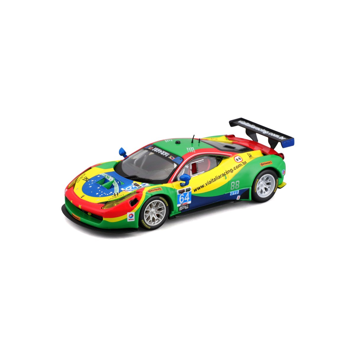 Bburago 1:43 Ferrari 458 Italia GT3 2015 alloy model car with Brazilian-themed livery, featuring race number 64 and sponsor decals.