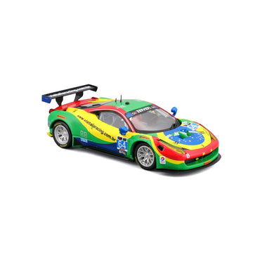 Side view of Bburago 1:43 Ferrari 458 Italia GT3 2015 die-cast model car, showcasing aerodynamic design and vibrant racing graphics.