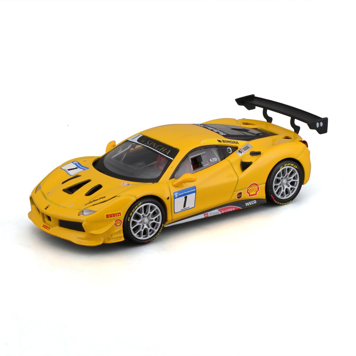 Bburago 1:43 Ferrari 488 Challenge 2017 alloy model car in yellow with racing decals, aerodynamic design, and detailed wheels, perfect for collectors.