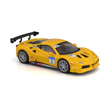 Side view of Bburago 1:43 Ferrari 488 Challenge 2017 alloy model car in yellow, featuring realistic decals, aerodynamic body, and racing tires.