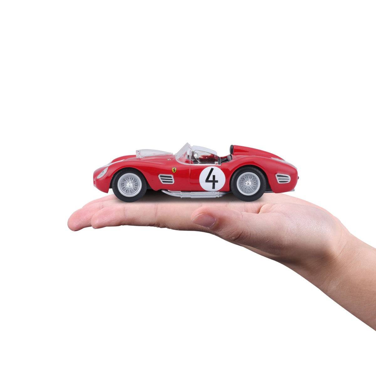 Bburago 1:43 Ferrari 250 Testa Rossa 1959 model car held in hand, showcasing its compact size and intricate detailing for collectors.