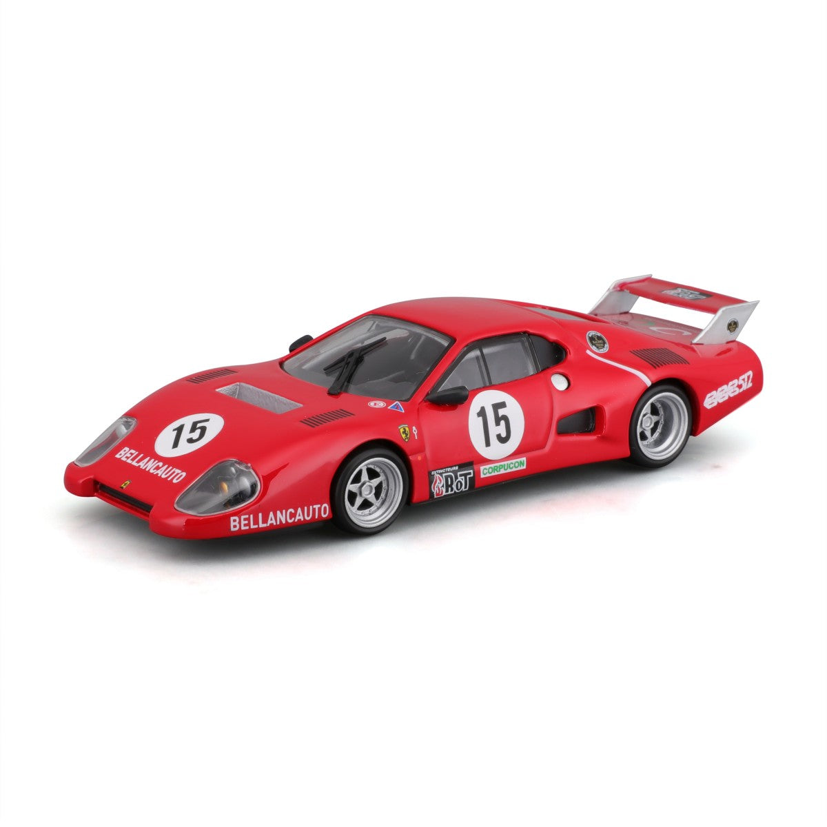 Bburago 1:43 Ferrari 512 BB II Serie 1981 alloy model car in red with racing decals, number 15, and Bellancauto branding. Perfect for collectors.