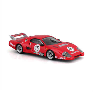 Detailed Bburago 1:43 Ferrari 512 BB II Serie 1981 die-cast model car in red with authentic racing livery and aerodynamic design.