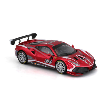 Side view of Bburago 1:43 Ferrari Challenge EVO 2020 alloy model car featuring detailed rims, racing number 28, and sleek aerodynamic styling.