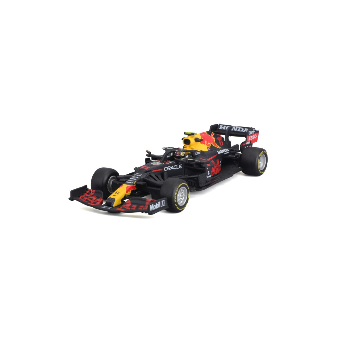 Bburago 1:43 F1 Red Bull Racing RB16B #11 Sergio Perez diecast model with helmet, featuring detailed livery and sponsor logos.