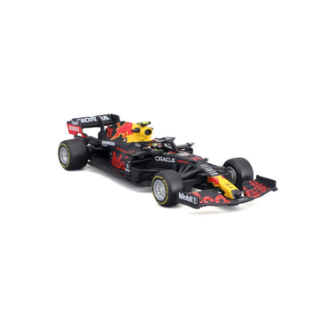 Front-left view of the Bburago 1:43 F1 Red Bull Racing RB16B #11 Sergio Perez model, showcasing aerodynamic design and sponsor decals.