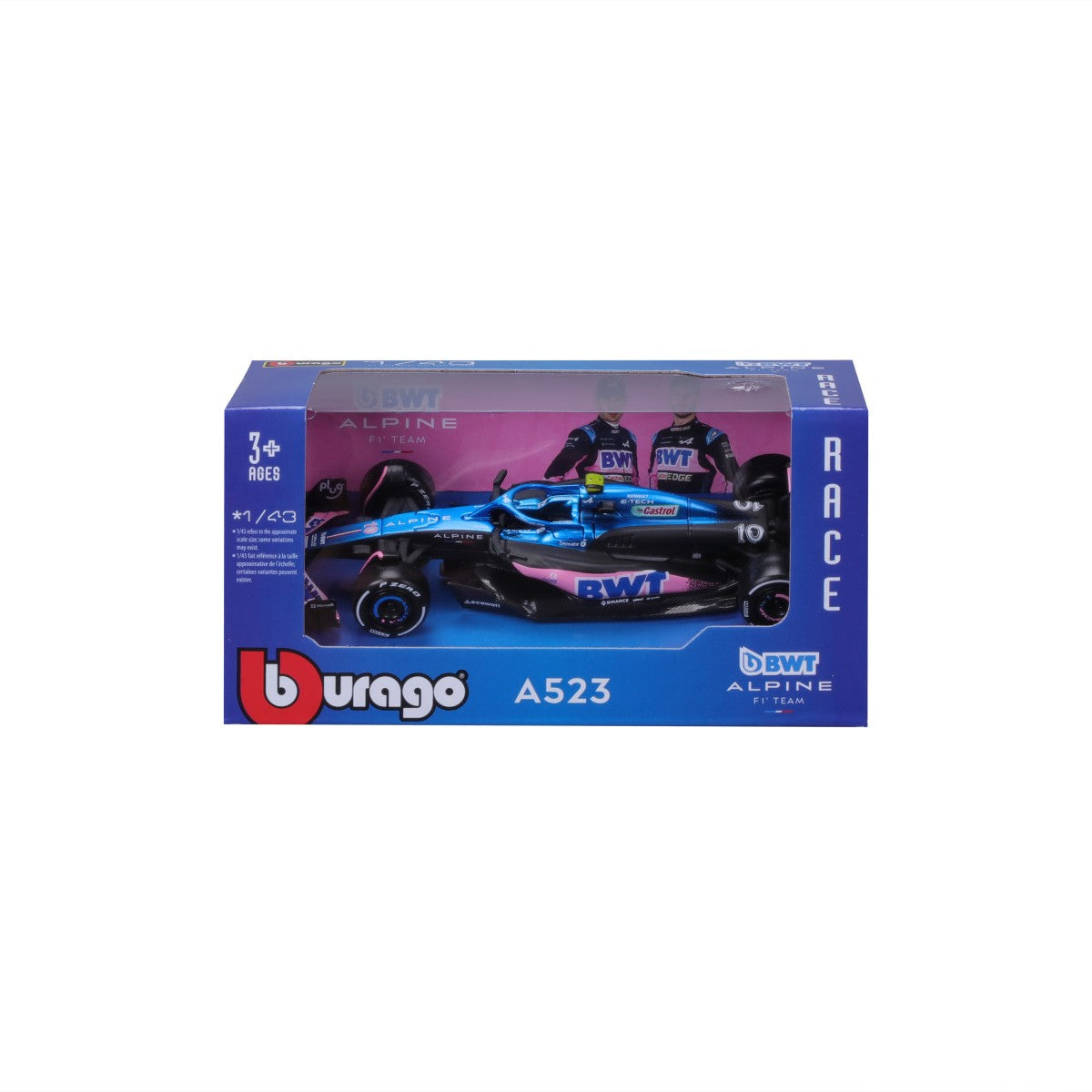 Bburago 1:43 F1 Car Model 2023 BWT Alpine F1 Team A523 #10 in original packaging. A detailed diecast model for collectors and racing fans.