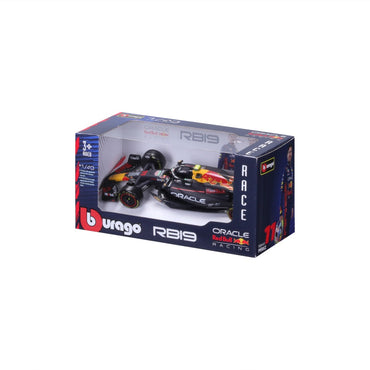 Side view of Bburago 1:43 F1 Car Model 2023 Red Bull Racing RB19 #11 Sergio Pérez in box, showcasing realistic details and branding.