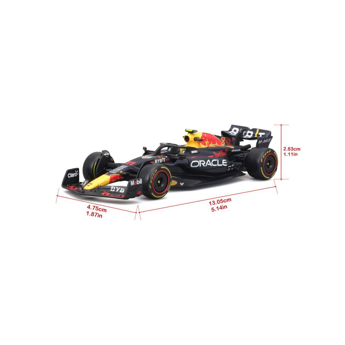 Bburago 1:43 F1 Car Model 2023 Red Bull Racing RB19 #11 Sergio Pérez with dimensions labeled, highlighting compact and detailed scale model.