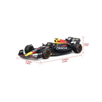 Bburago 1:43 F1 Car Model 2023 Red Bull Racing RB19 #11 Sergio Pérez with dimensions labeled, highlighting compact and detailed scale model.