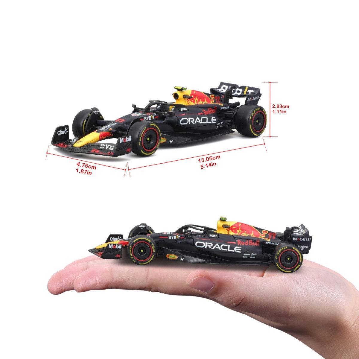 Comparison of Bburago 1:43 F1 Car Model 2023 Red Bull Racing RB19 #11 Sergio Pérez with dimensions and hand display for scale reference.