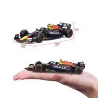 Comparison of Bburago 1:43 F1 Car Model 2023 Red Bull Racing RB19 #11 Sergio Pérez with dimensions and hand display for scale reference.