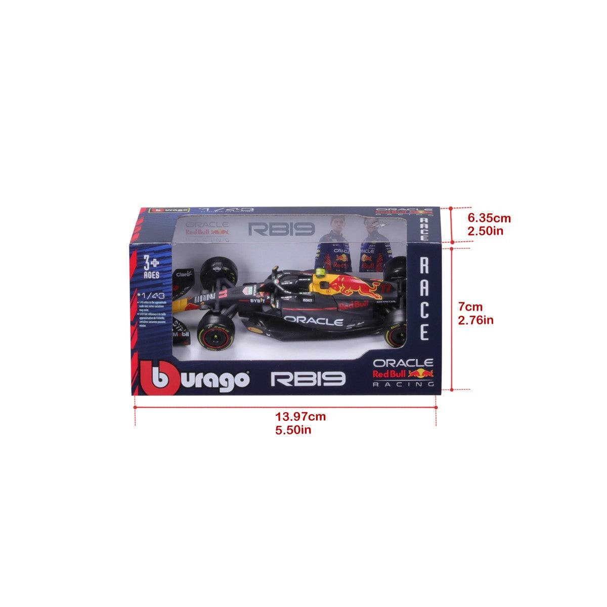 Packaged Bburago 1:43 F1 Car Model 2023 Red Bull Racing RB19 #11 Sergio Pérez with dimensions, ideal for collectors and F1 enthusiasts.