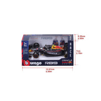 Packaged Bburago 1:43 F1 Car Model 2023 Red Bull Racing RB19 #11 Sergio Pérez with dimensions, ideal for collectors and F1 enthusiasts.