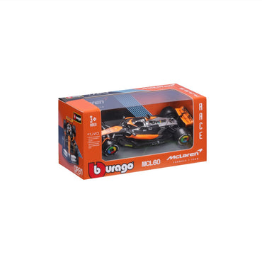 Side view of the Bburago 1:43 F1 Car Model 2023 McLaren MCL60 #81 Oscar Piastri in packaging. A must-have for McLaren fans and collectors.