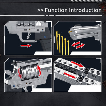 Close-up of Panlos Brick 670019 M500 Revolver Gun building blocks, showcasing functional components like rotating cylinder and loading mechanism.