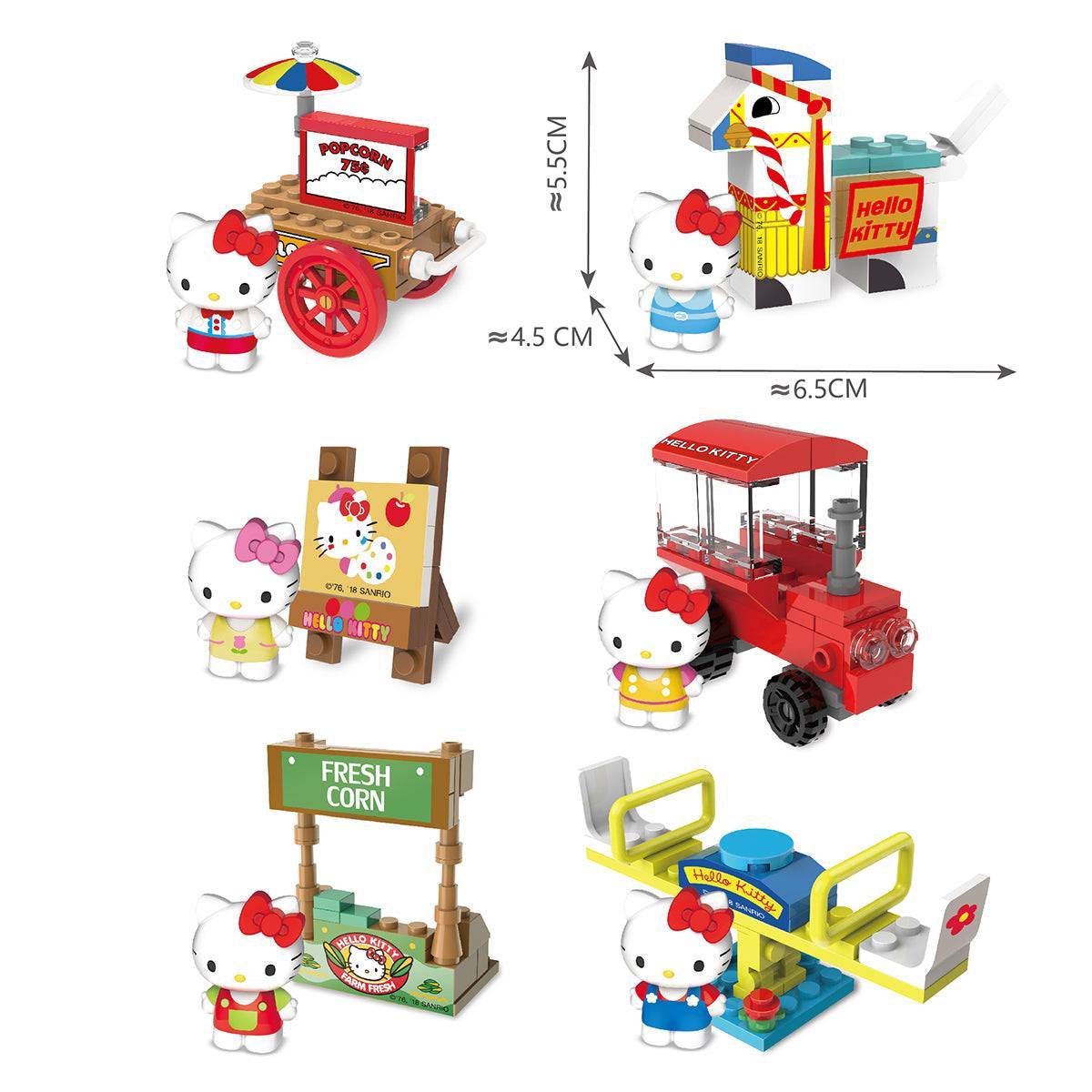 Hello Kitty Happy Small Farm Capsule Toys featuring miniature farm-themed building sets with Hello Kitty figures, including a popcorn cart, tractor, and fresh corn stand.