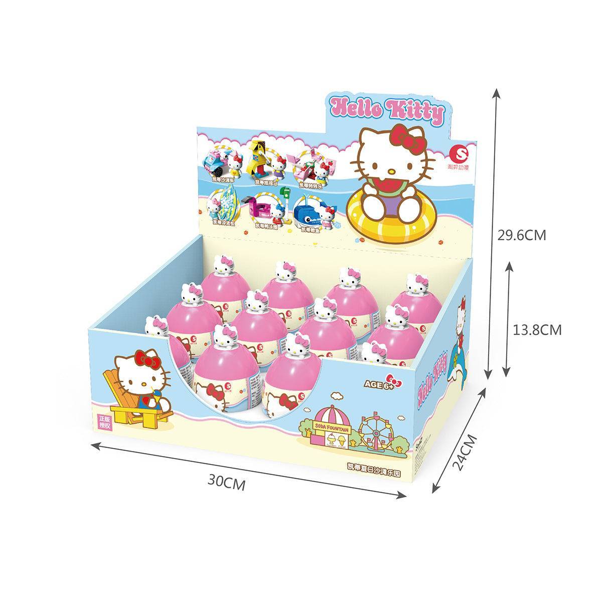 Hello Kitty Summer Beach Paradise Capsule Toys KT-010141-6 in a colorful display box with pink capsules and product dimensions.