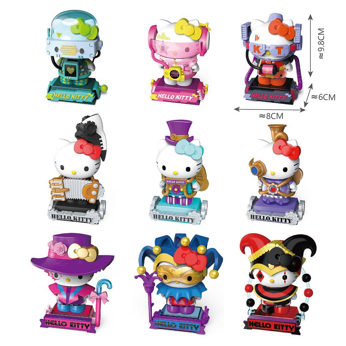 Hello Kitty Time Travel Building Blocks Blind Box featuring collectible Hello Kitty figures in themed outfits. Fun surprise toy for kids and fans.