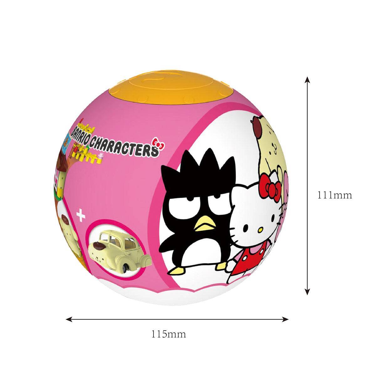 Sanrio Characters capsule packaging measuring 115mm in diameter and 111mm in height, featuring Hello Kitty and Bad Badtz-Maru.