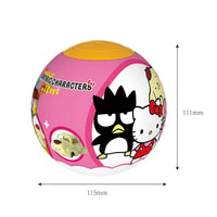 Sanrio Characters capsule packaging measuring 115mm in diameter and 111mm in height, featuring Hello Kitty and Bad Badtz-Maru.