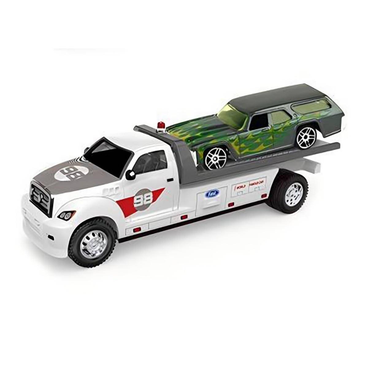 White flatbed transport truck carrying a green station wagon. 1:64 alloy diecast model with realistic design and pull-back action.