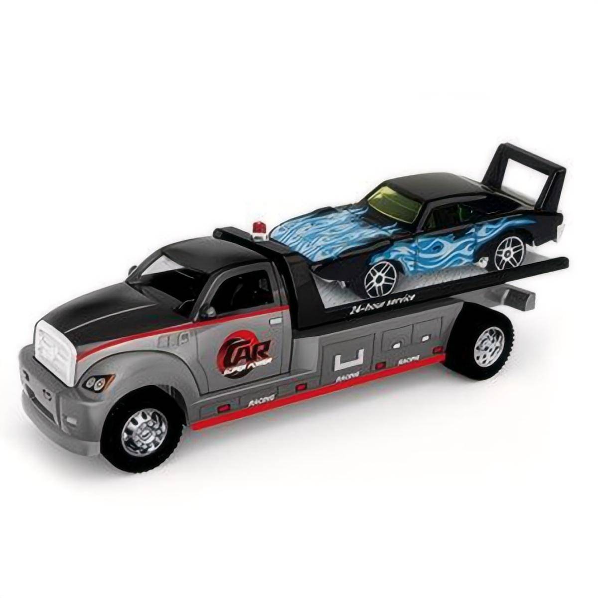 Black flatbed transport truck with a blue flame-designed car. 1:64 alloy diecast model with high-quality detailing and sturdy build.