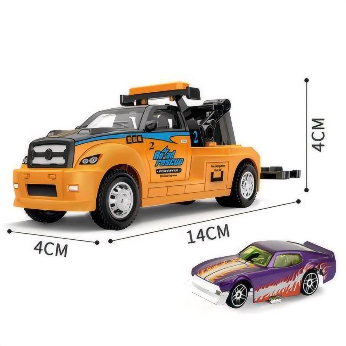 Orange tow truck with a purple muscle car. 1:64 alloy diecast model featuring a functional towing mechanism and detailed design.