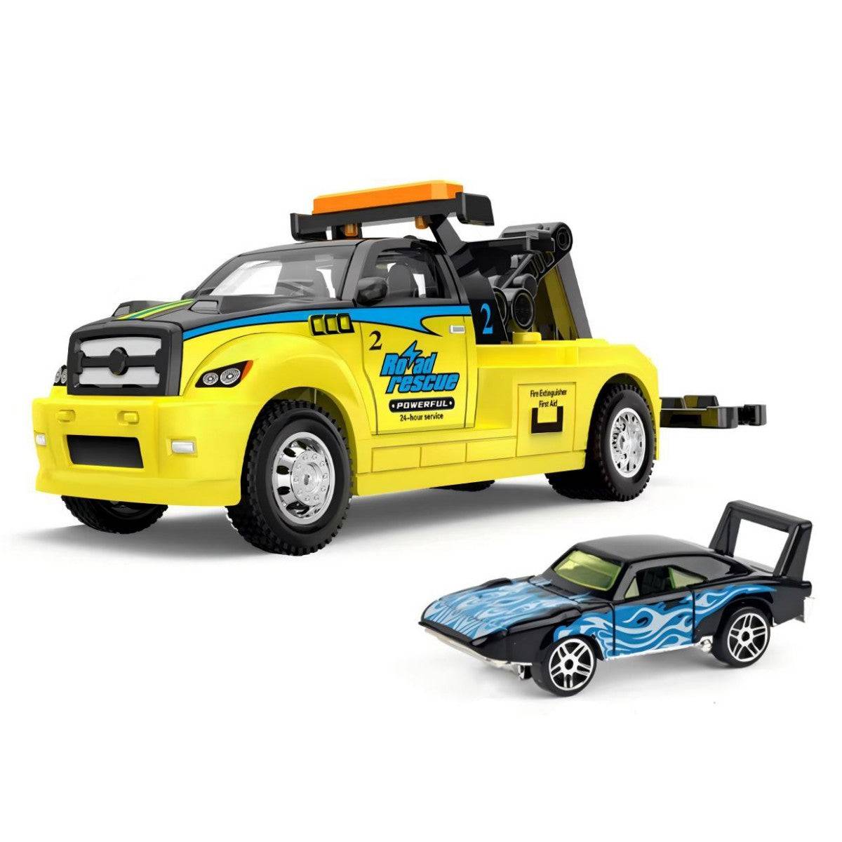 Yellow tow truck with a blue flame-designed muscle car. 1:64 alloy diecast model with realistic towing function and durable build.