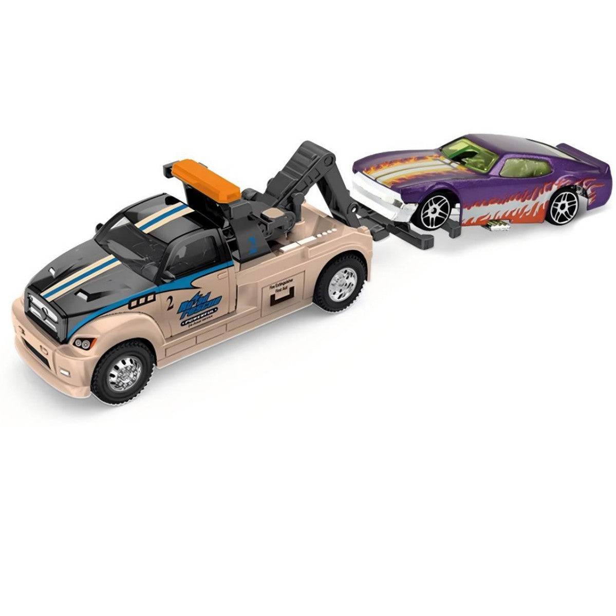 Beige tow truck towing a purple muscle car. 1:64 alloy diecast model with intricate details and pull-back mechanism for interactive play.