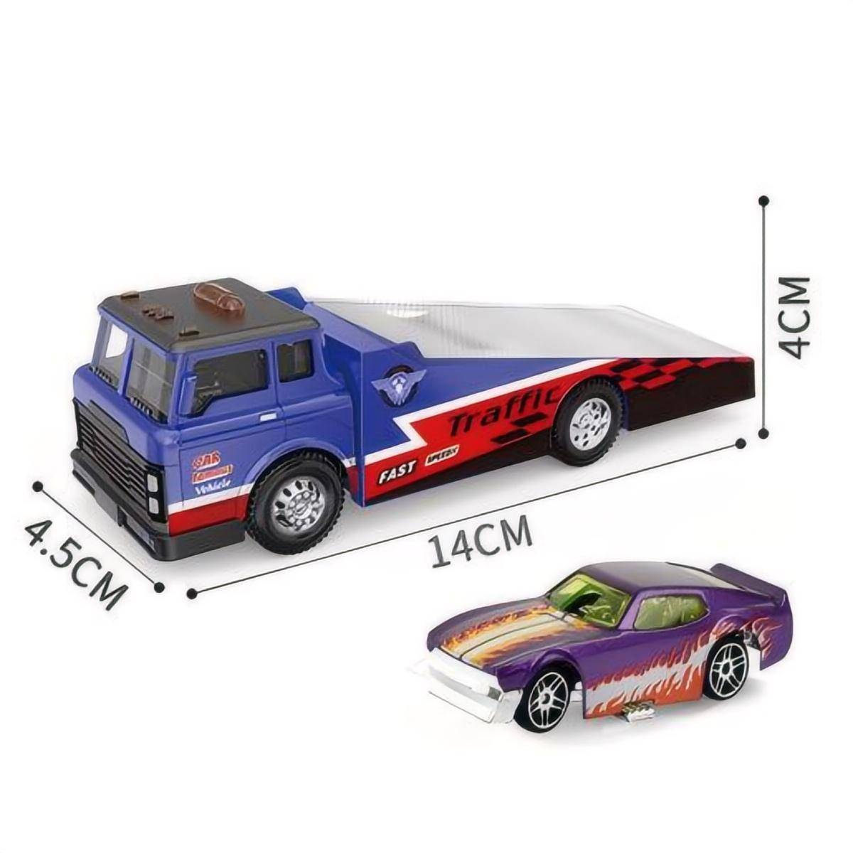 Blue tractor trailer with a purple muscle car. 1:64 alloy diecast model featuring a pull-back function and high-quality construction.