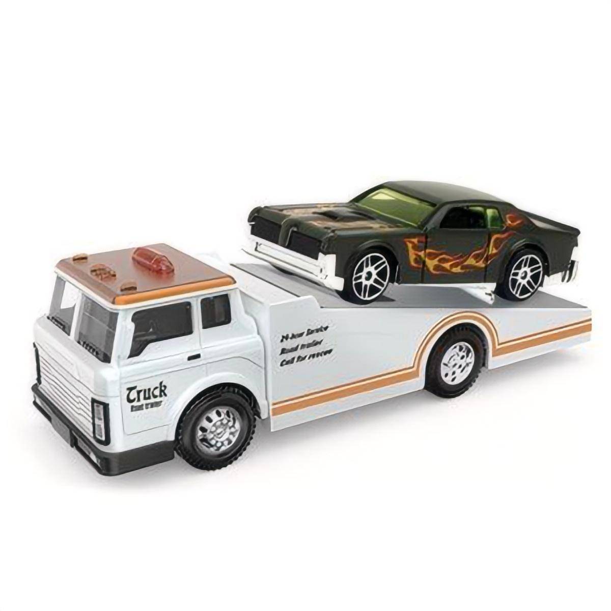 White tractor trailer carrying a black and flame-designed muscle car. 1:64 alloy diecast model with realistic detailing and sturdy build.