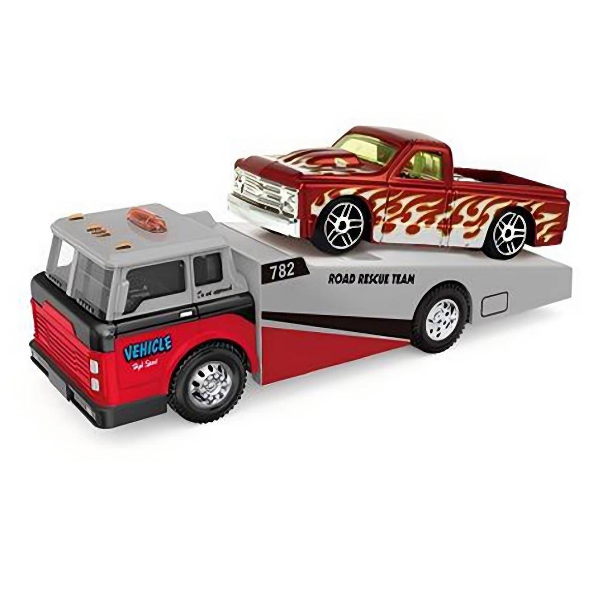 Red and gray tractor trailer with a flame-designed pickup truck. 1:64 alloy diecast model with intricate details and pull-back action.