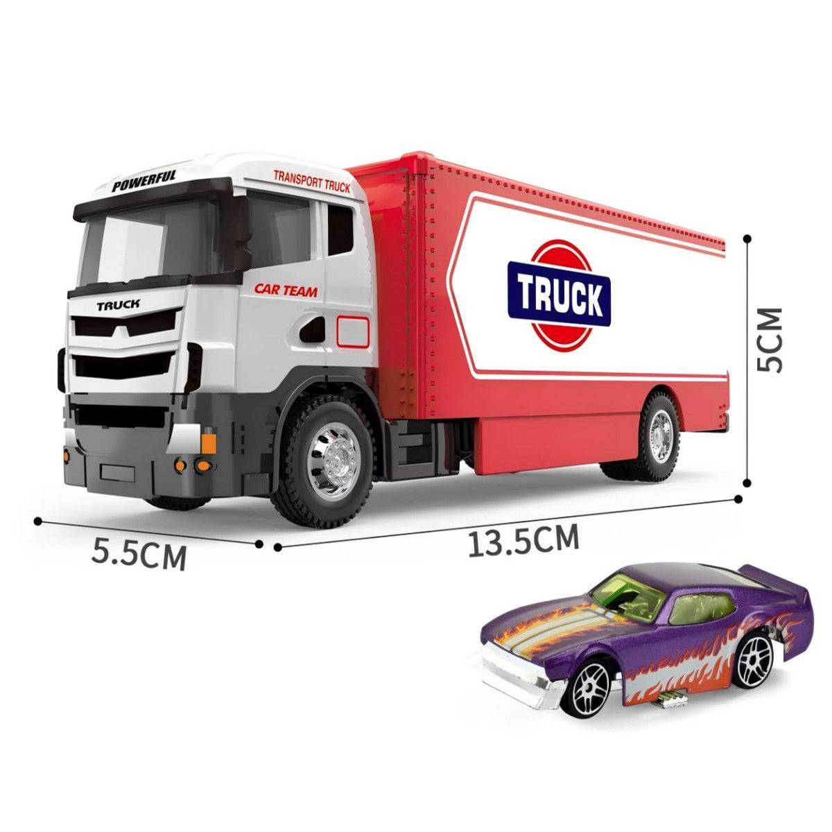 White and red transport truck with a purple muscle car. 1:64 alloy diecast model featuring a pull-back mechanism and durable build.