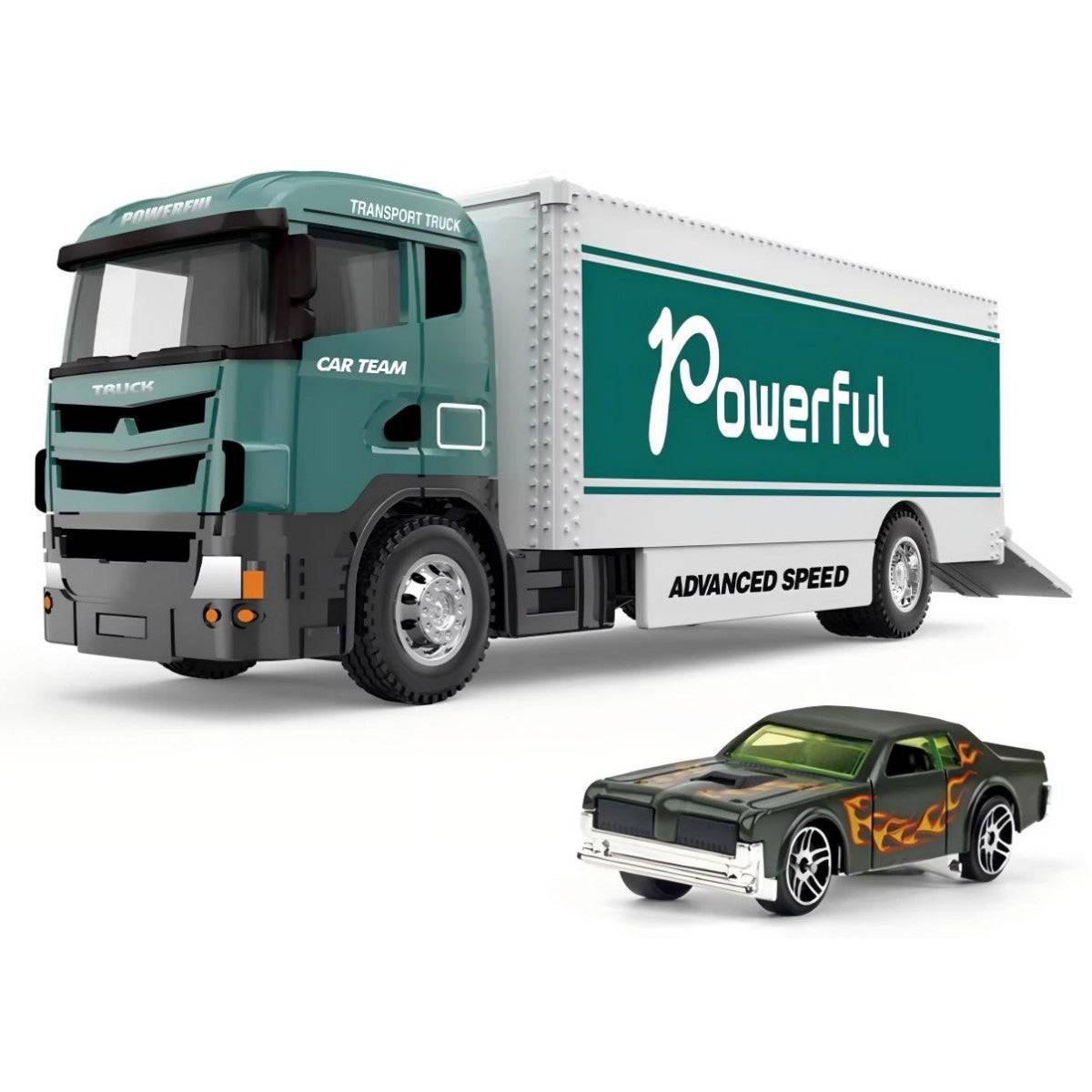 Green transport truck carrying a black and flame-designed muscle car. 1:64 alloy diecast model with realistic detailing and sturdy construction.