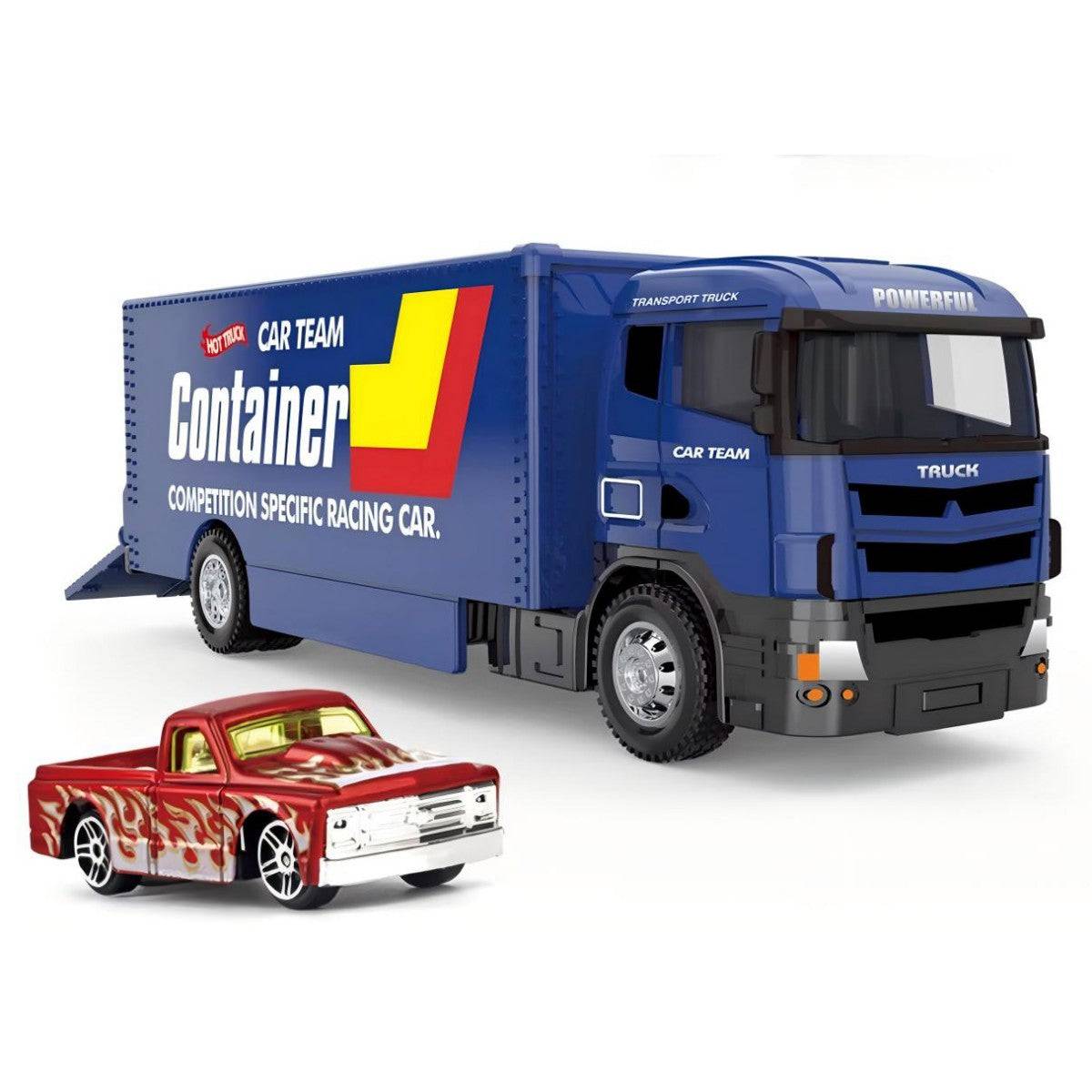 Blue transport truck with a red flame-designed pickup truck. 1:64 alloy diecast model featuring a pull-back function and intricate details.