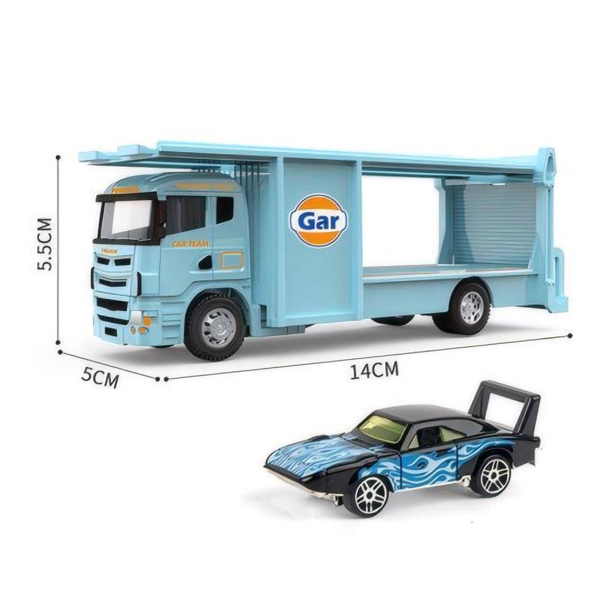 Light blue auto show transport truck with a blue flame-designed muscle car. 1:64 alloy diecast model with realistic detailing and pull-back function.